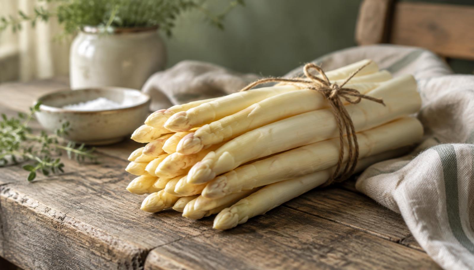 Bundel witte asperges op een houten boerderijtafel
