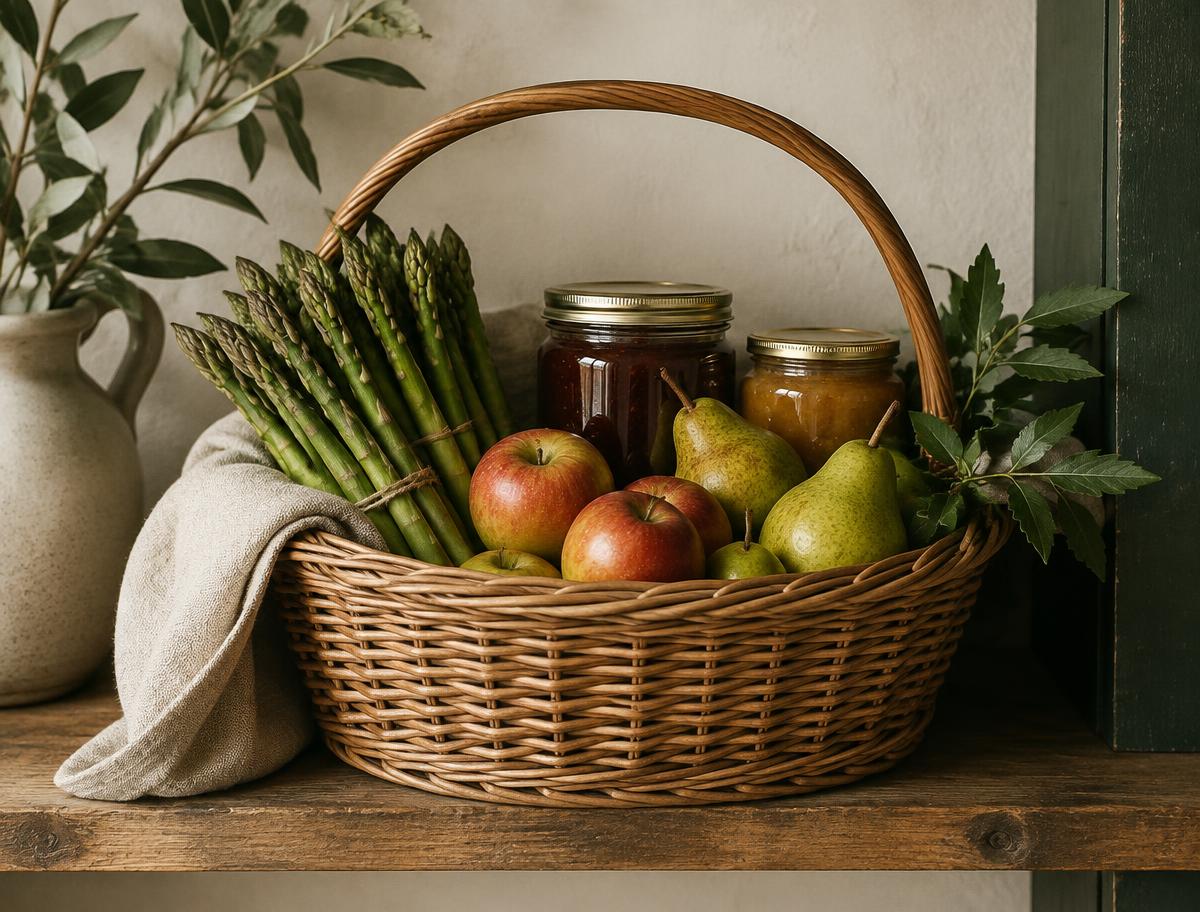 Mand met seizoensproducten: asperges, fruit en potjes